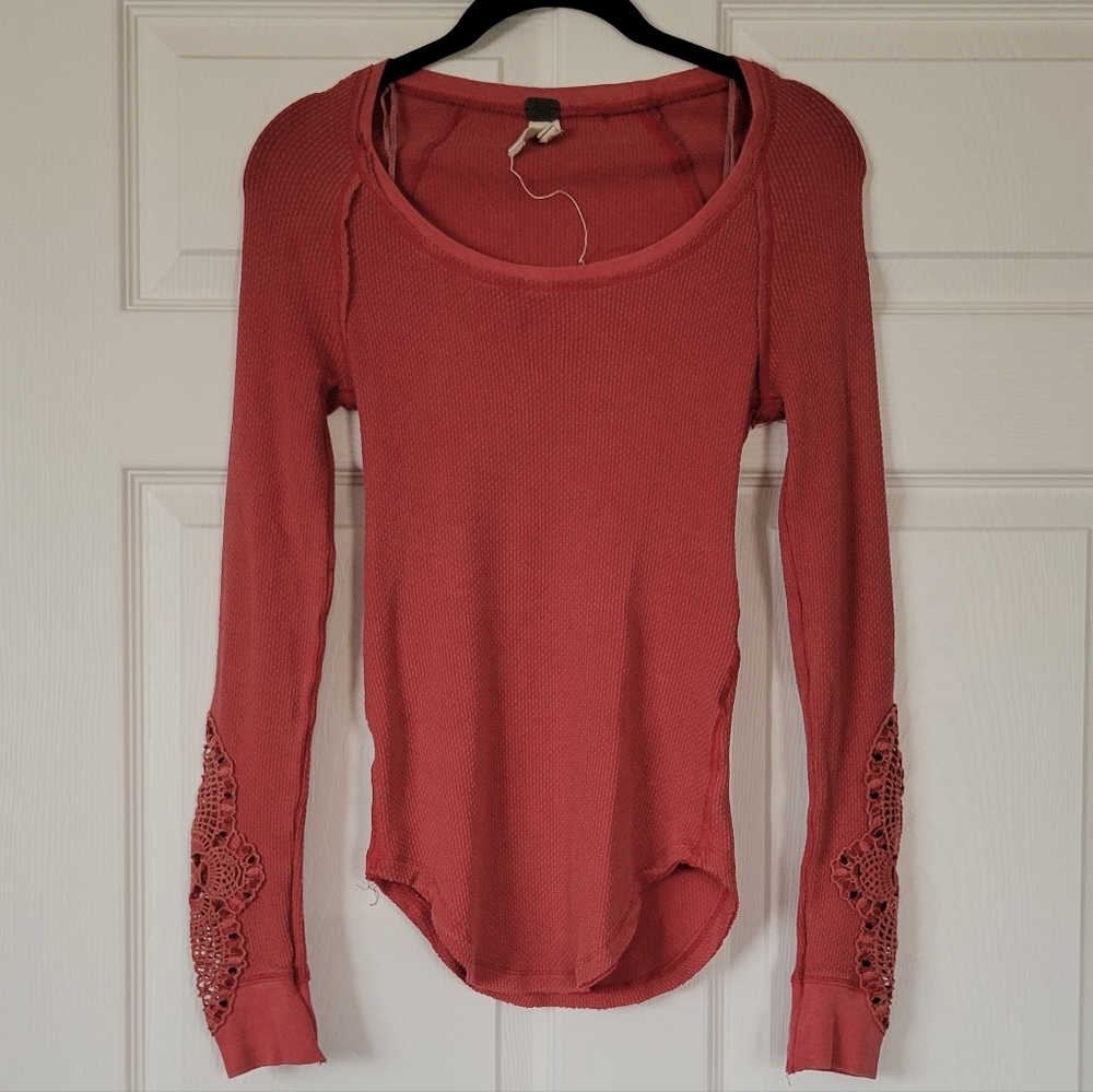Free People Dark Salmon Long Sleeve Top With Crocheted Sleeve Details